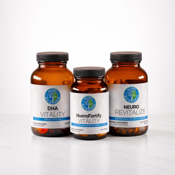 Three bottles of dietary supplements labeled 'DHA Vitality', 'NeuroFortify Vitality', and 'Neuro Revitalize' on a white background.