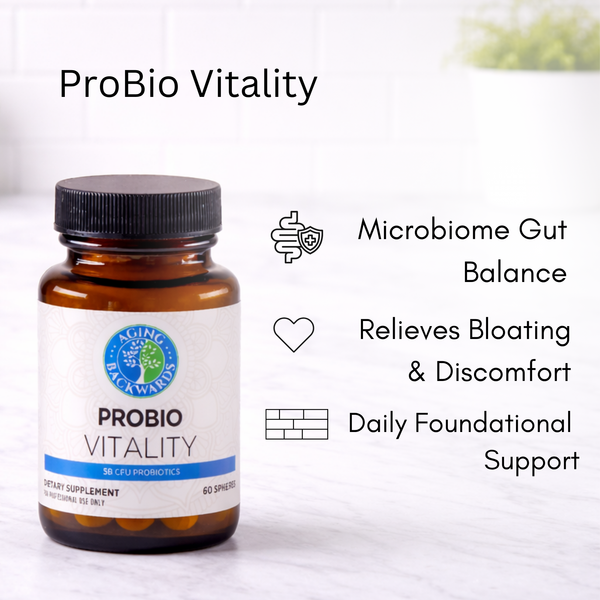 ProBio Vitality supplement bottle with text highlighting benefits on a white background