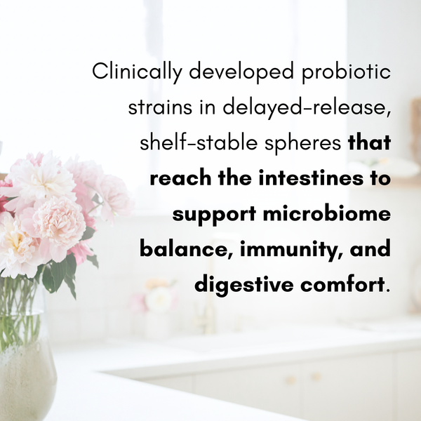 Text about clinically developed probiotic strains with a blurred background of flowers and candles.