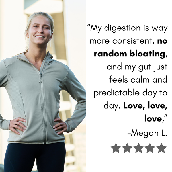 Woman in athletic wear with a testimonial about digestion improvement.