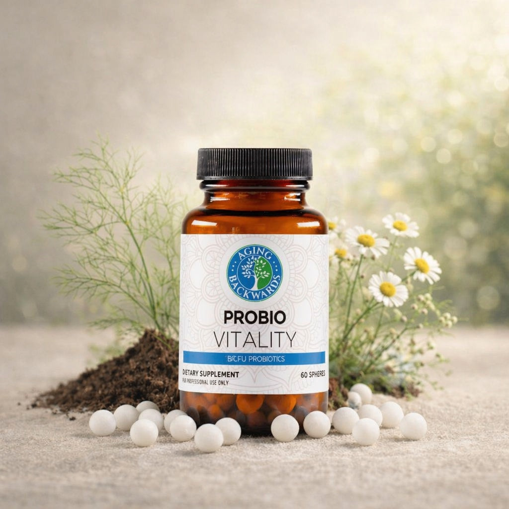 Supplement bottle labeled 'Probio Vitality' with spherical white objects on a natural background