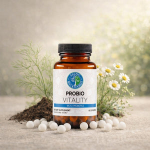 Supplement bottle labeled 'Probio Vitality' with spherical white objects on a natural background