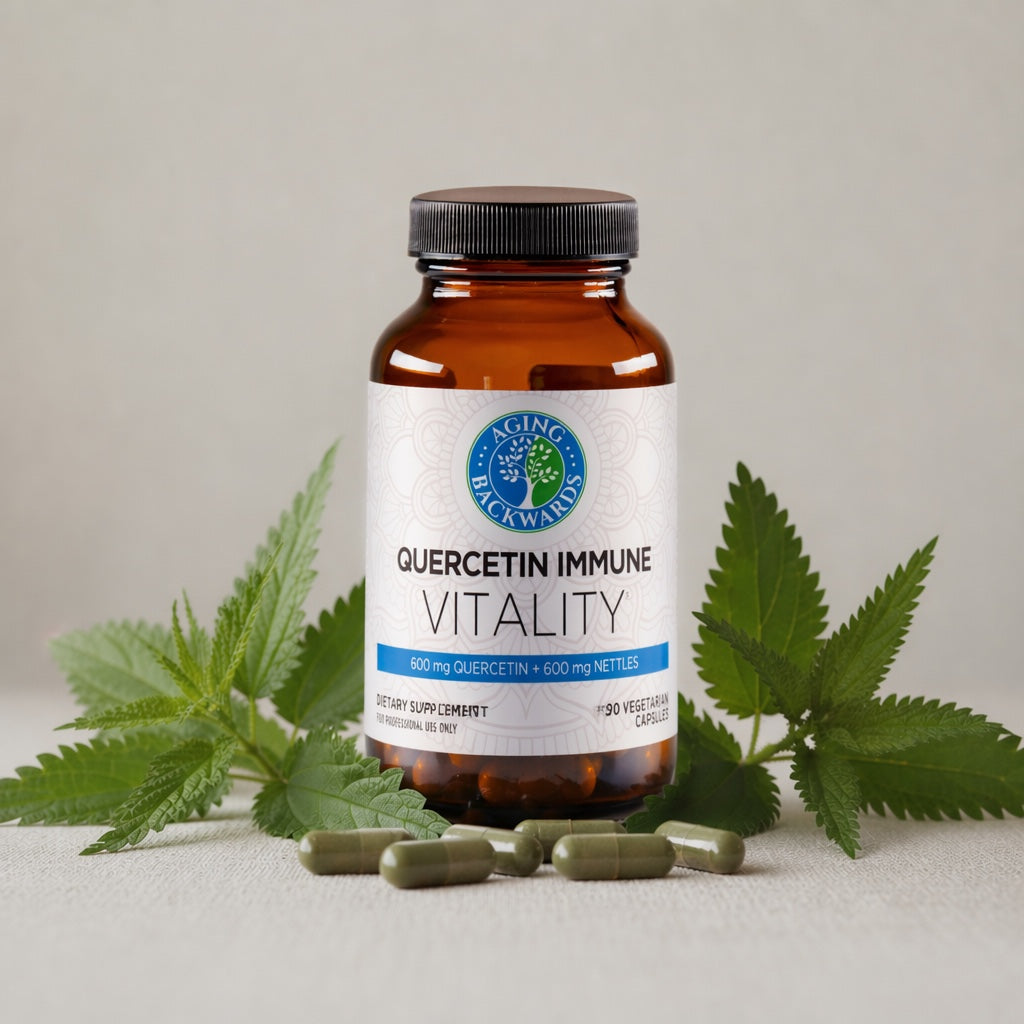 Bottle of Quercetin Immune Vitality supplement with leaves on a neutral background