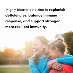Two people hugging outdoors with text about zinc benefits