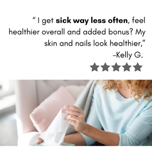Person using a tissue with a five-star rating and review text on a white background